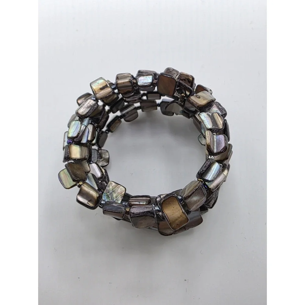 Memory Wire Beaded Bracelet Dark Gray Abalone Shell Multi Strand Vintage Jewelry